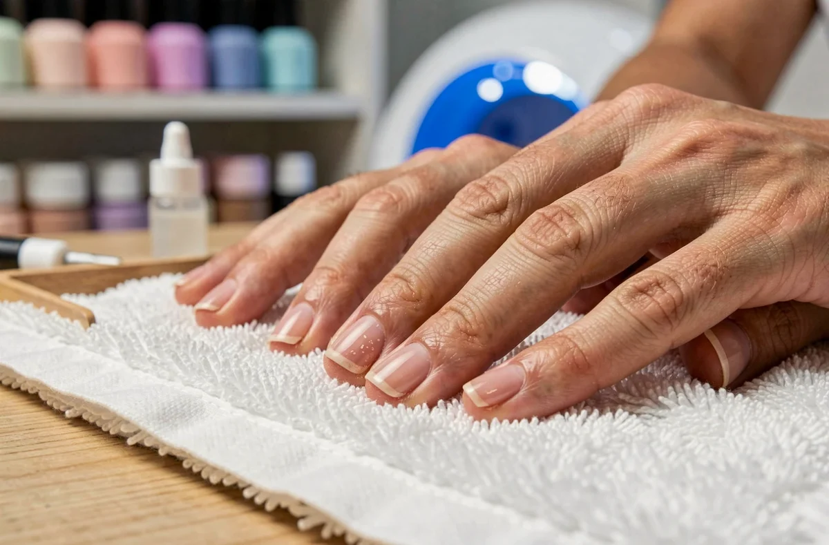 Gros plan sur des ongles naturels examinés avant une pose de résine, avec repoussoir en bois et solution de préparation sur serviette blanche en salon de manucure